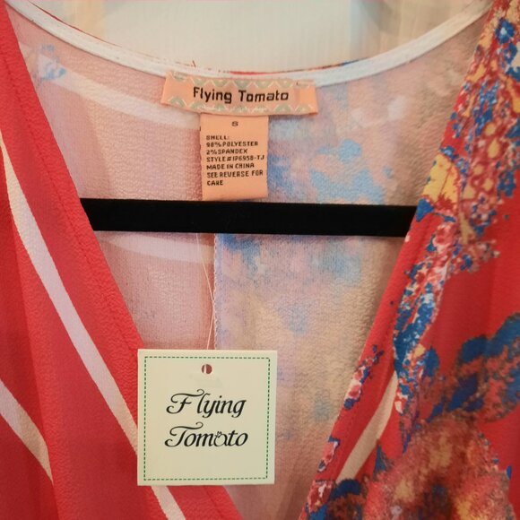 NEW Wide Leg, Surplice Front Flying Tomato Jumpsuit, Red Floral, Size S - Picture 5 of 6